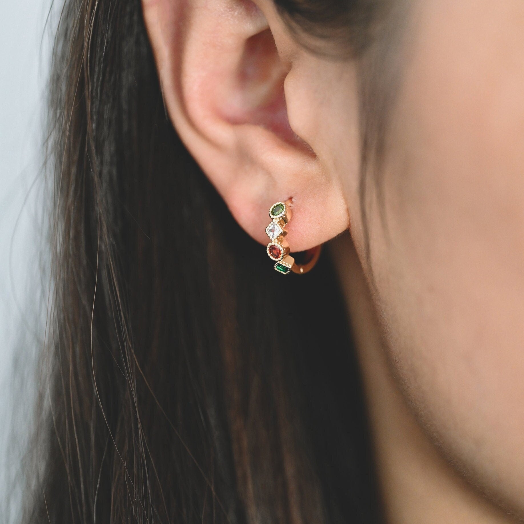 4pcs Rainbow CZ Pave Hoop Earrings: 18K Gold Huggie Earrings (GB-3453)